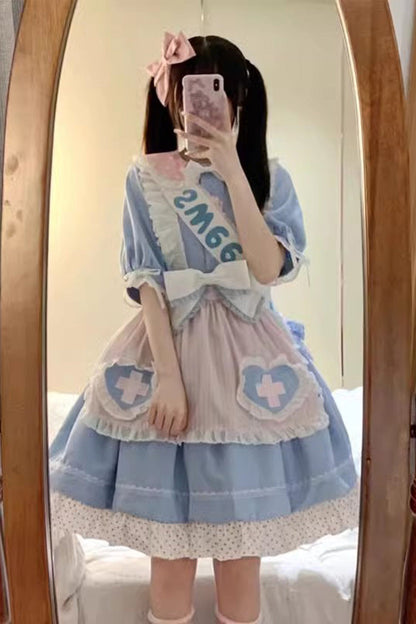 Blue Short Sleeves Love Redemption Print Ruffle Bowknot Lolita Dress