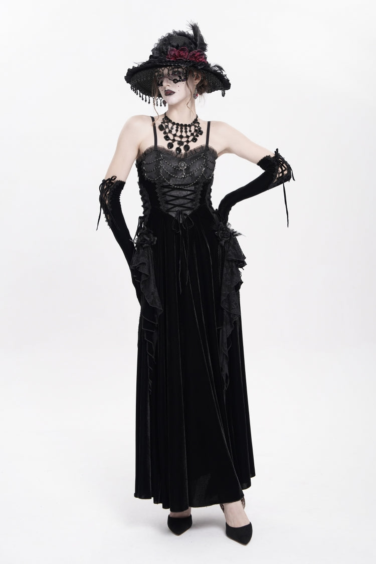 Black Sleeveless Ruffle Lace-Up Plumed Women's Gothic Long Slip Dress