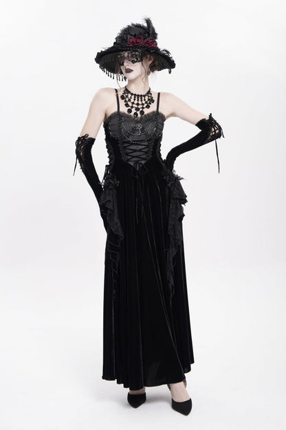 Black Sleeveless Ruffle Lace-Up Plumed Women's Gothic Long Slip Dress