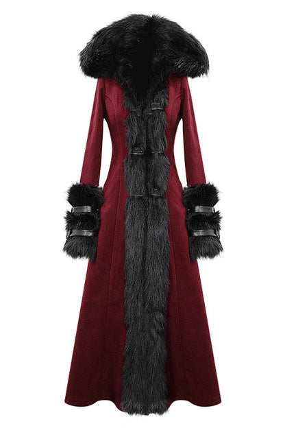 Red Gothic Party Woolen Hooded Sexy Women Long Coat