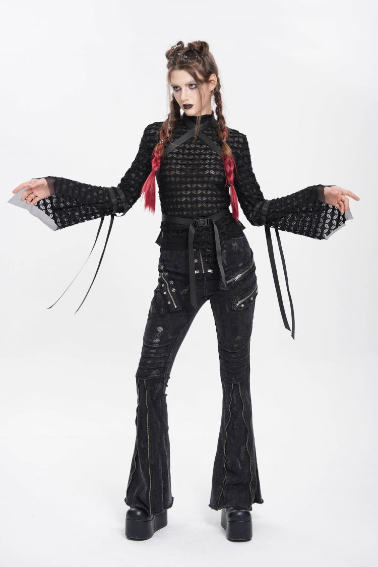 Black Stand Collar Long Sleeves Mesh Buckle Straps Women's Punk Blouse