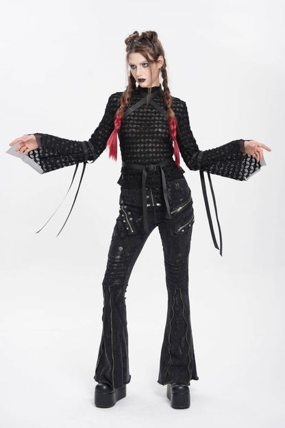 Black Stand Collar Long Sleeves Mesh Buckle Straps Women's Punk Blouse