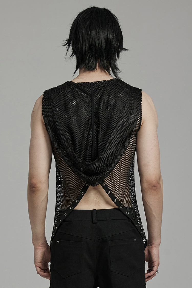 Black Sleeveless Irregular Hooded Mesh Eyelet Men's Punk Vest