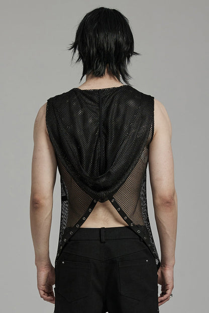 Black Sleeveless Irregular Hooded Mesh Eyelet Men's Punk Vest