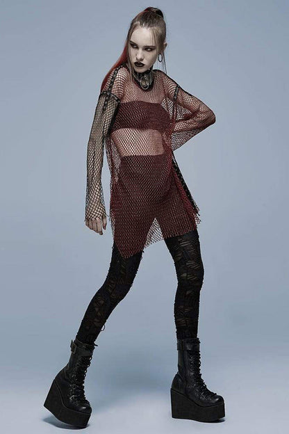 Red Punk Daily Comfortable Perspective Mesh Design No Elasticity Asymmetrical Hem Metal Grommets On Shoulders Long Womens Shirt