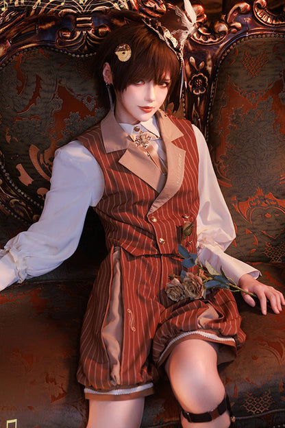Brown Stripe Violin Print Ouji Lolita Set