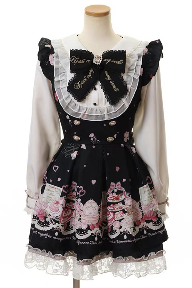 [Afternoon Tea] Long Sleeves Print Ruffle Bowknot Lace Sweet Jirai Kei Plus Size Dress 3 Colors