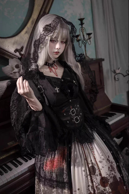 [Heretical Nun] Sleeveless Multi-Layered Printed Ruffled Open-Front Gothic Plus Size Lolita Strap Dress Long Version 2 Colors