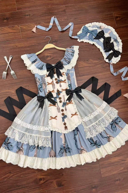 Blue [The Witch’s Banquet] Sleeveless Printed Ruffled Embroidered Bow Lace Sweet Lolita Jsk Dress