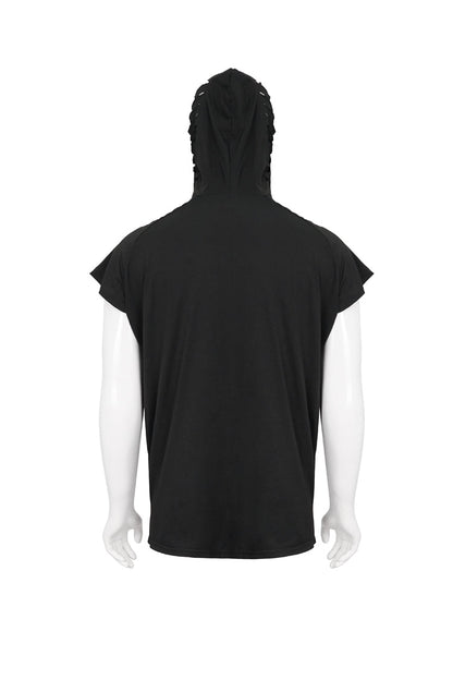 Black Skull Print Super High Neck Masked Rivet Hole Hooded Short Sleeve Men's Punk T-Shirt