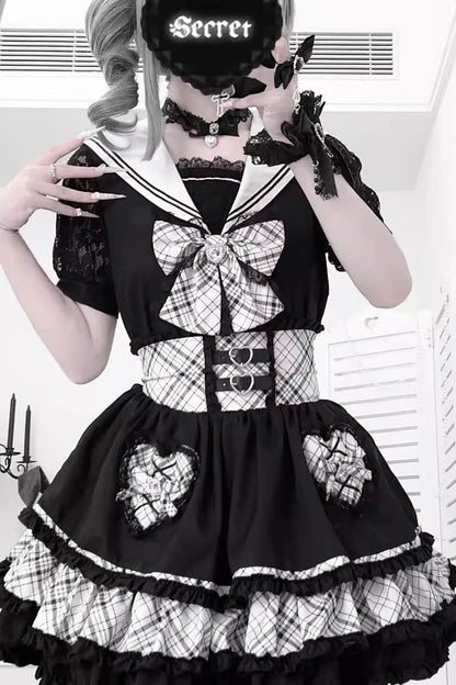 Black/White Navy Collar Short Sleeves Printed Ruffled Bow Jirai Kei Japanese Skirt and Blouse Set