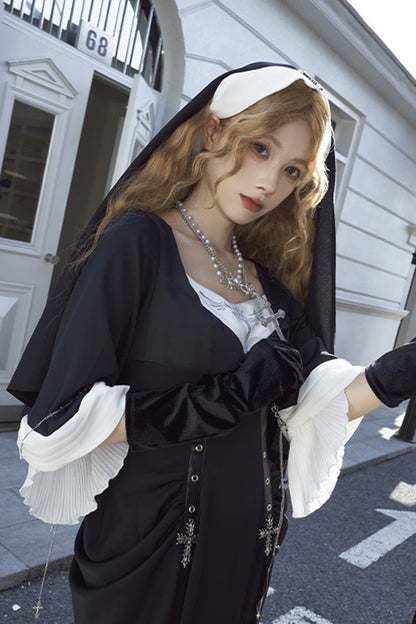 Black [Halloween Night Temple Nun] Short Sleeves Print Ruffle Gothic Elegant Lolita Dress