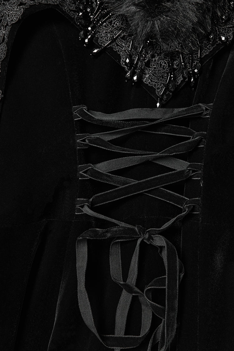 Black Stand Collar Embroidered Lace-Up Women's Gothic Coat