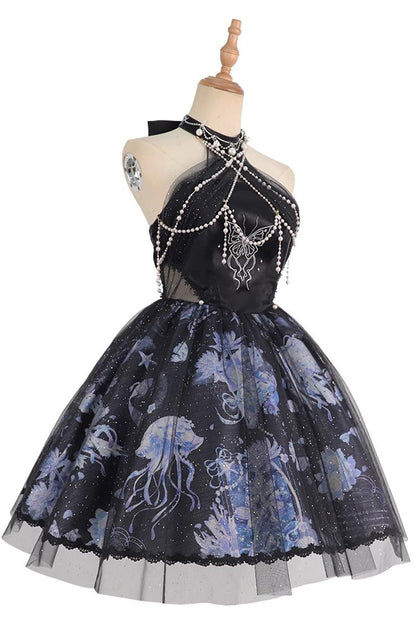 Blue [Deep Sea Jellyfish] Halterneck Sleeveless Print Embroidery Bowknot Lace Sweet Elegant Lolita Jsk Dress