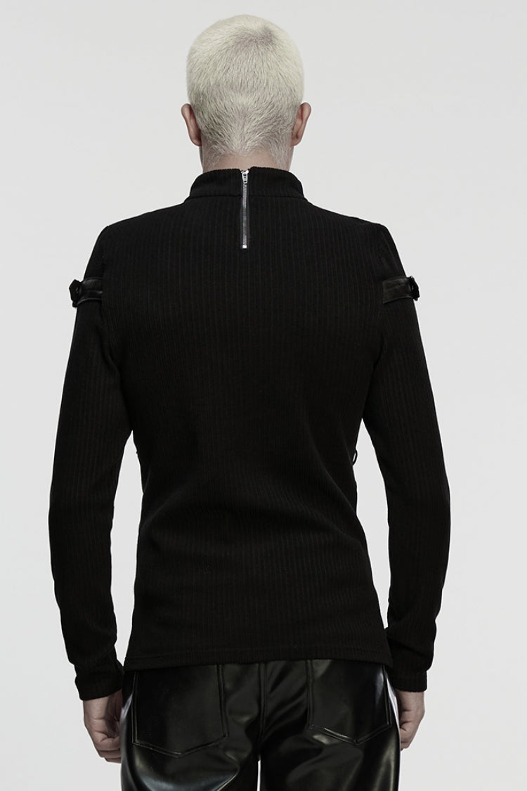Black Stand Collar Long Sleeves Spliced Buckled Strappy Men's Punk Top
