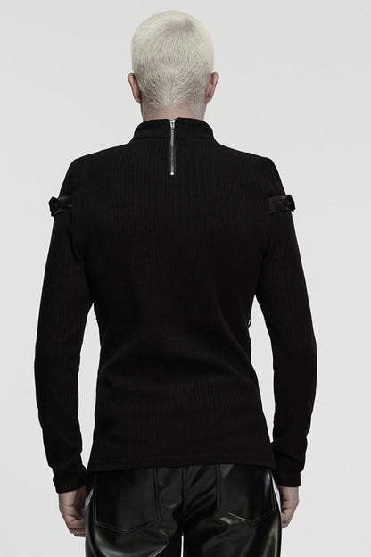 Black Stand Collar Long Sleeves Spliced Buckled Strappy Men's Punk Top