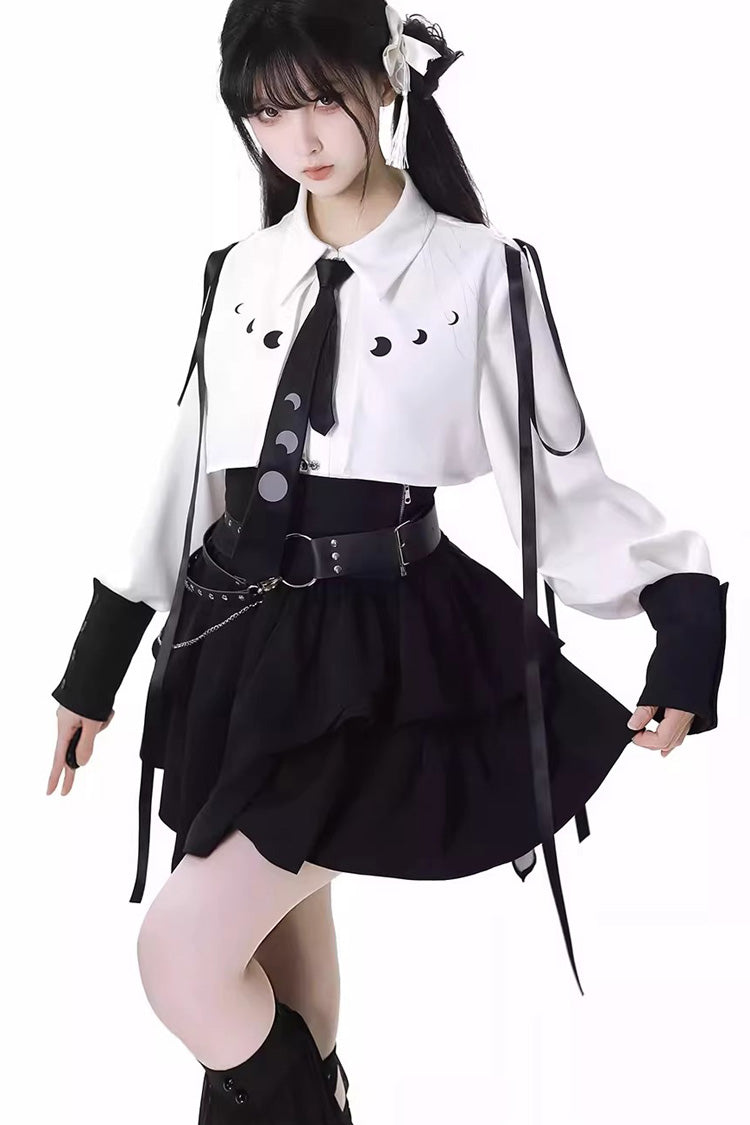 White/Black [Moonlight Flowing] Long/Short Sleeves Ruffled Asymmetric Gothic Jirai Kei Skirt Set