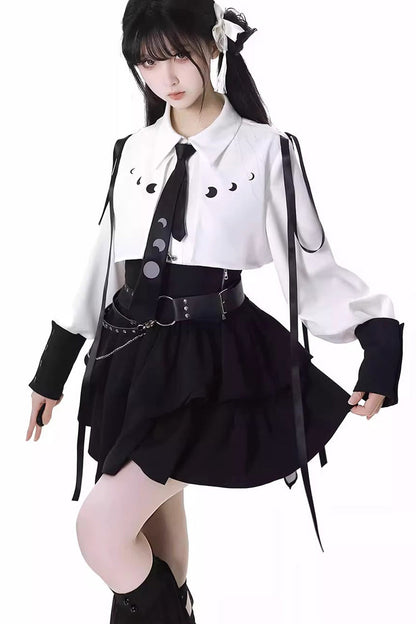 White/Black [Moonlight Flowing] Long/Short Sleeves Ruffled Asymmetric Gothic Jirai Kei Skirt Set