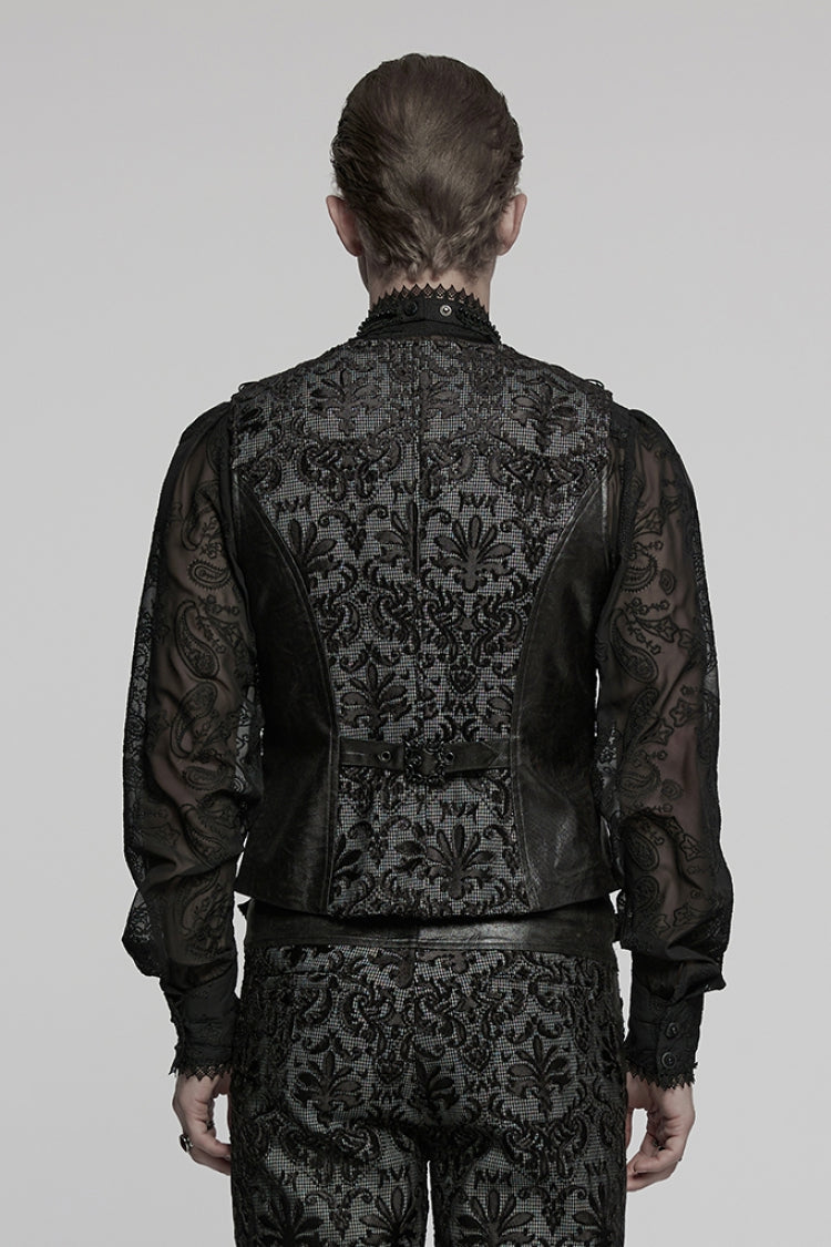 Black V Collar Long Sleeves Floral Embroidery Men's Gothic Vest