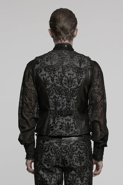 Black V Collar Long Sleeves Floral Embroidery Men's Gothic Vest
