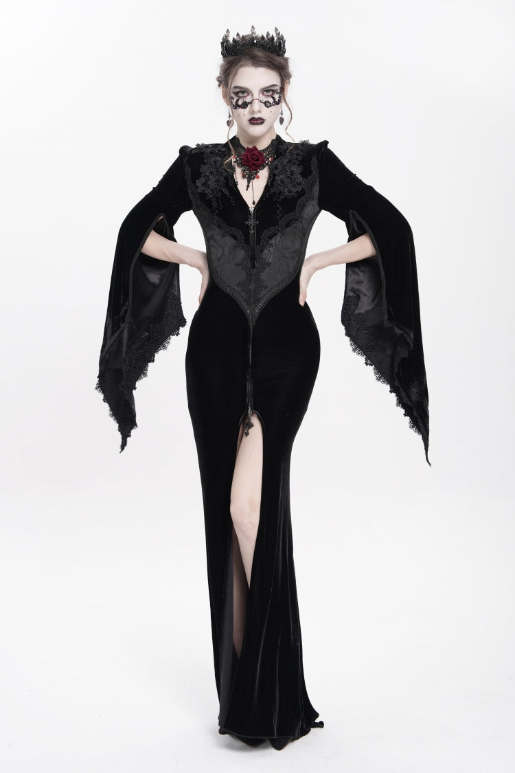 Black V Collar Long Trumpet Sleeves Floral Embroidered Velvet Women's Gothic Dress