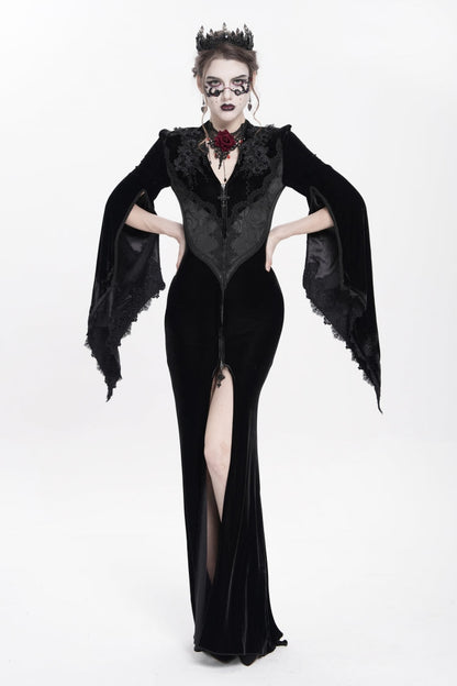 Black V Collar Long Trumpet Sleeves Floral Embroidered Velvet Women's Gothic Dress
