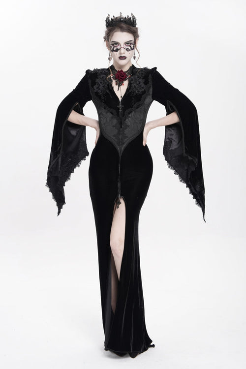 Black V Collar Long Trumpet Sleeves Floral Embroidered Velvet Women's Gothic Dress