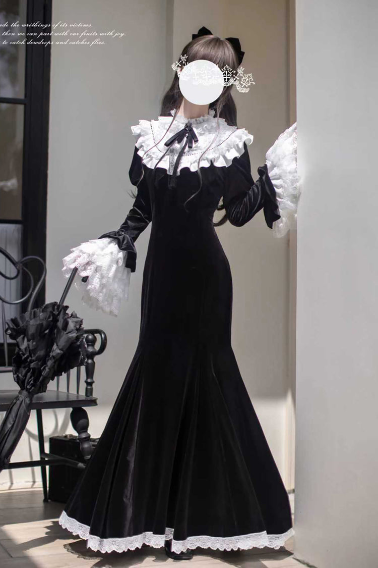 Black [Raven-Feather Poetic Letter] Velvet Long Hime Sleeves Ruffle Bowknot Gothic Elegant Lolita Fishtail Dress