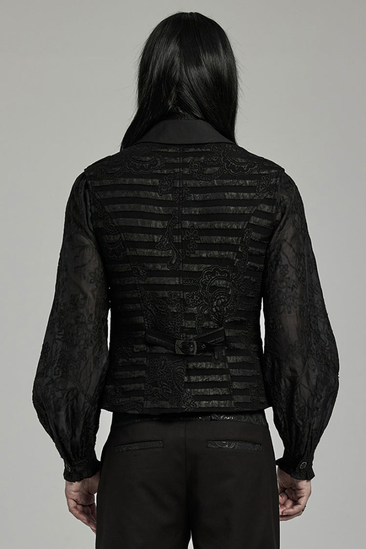 Black V Collar Jacquard Stripes Print Men's Gothic Vest