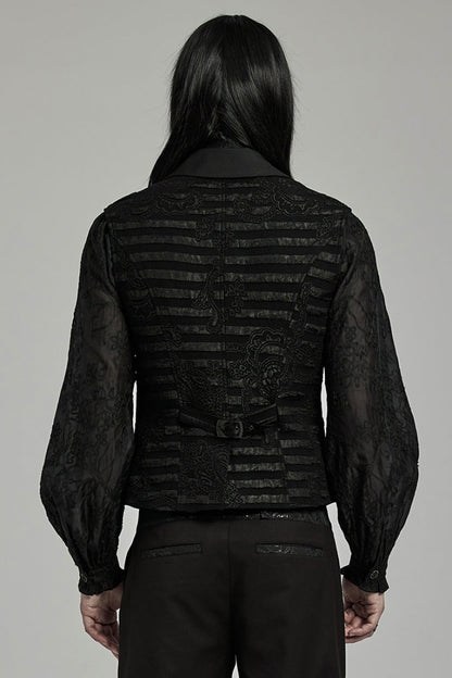 Black V Collar Jacquard Stripes Print Men's Gothic Vest
