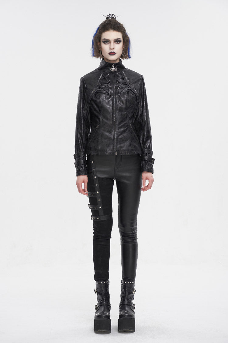 Black Stand Collar Crackled Buckle Women's Punk Jacket
