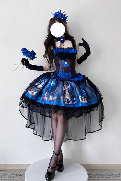 Blue [Dark Moon Corridor] Print Embroidery Gothic Lolita Dress Skirt
