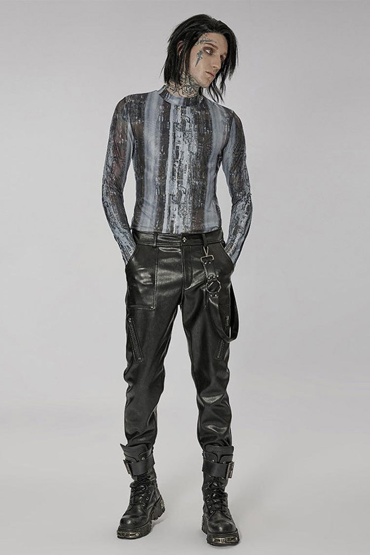 Black/Grey Punk High Collar Technology Sense Printing Elasticity Tight Long Sleeves Men's Shirt