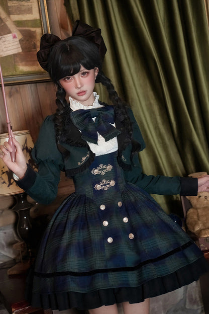 Blue/Green [Berlin's letter] Double-Layered Plaid Print Ruffle Bowknot Classic College Style Lolita Strap Dress Set 2 Versions