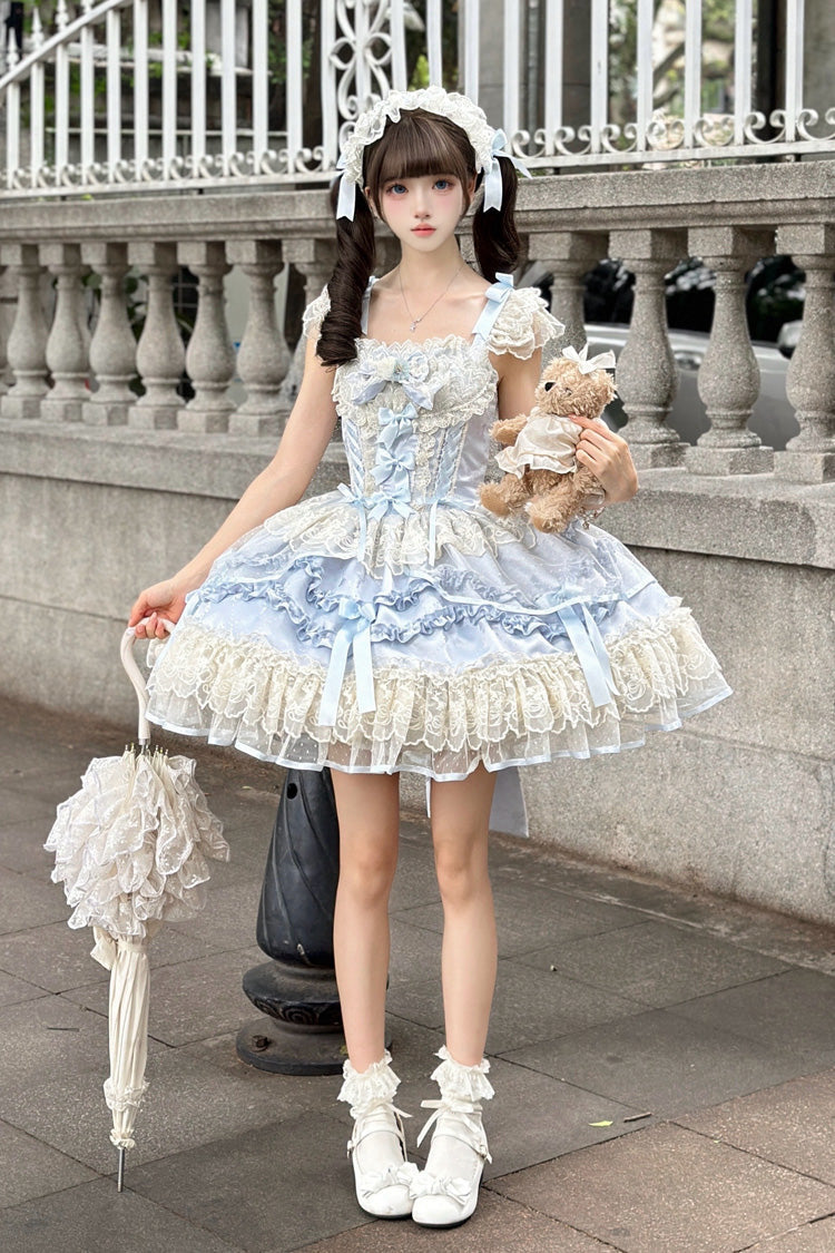 Blue [Dreaming Butterfly] Multi-Layered Jacquard Ruffle Bowknot Lace Sweet Princess Lolita Jsk Dress