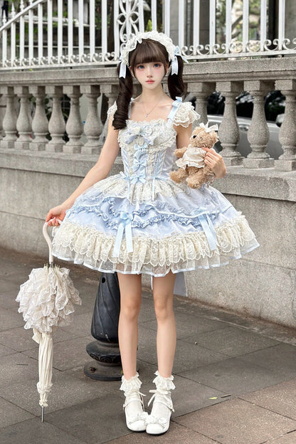 Blue [Dreaming Butterfly] Multi-Layered Jacquard Ruffle Bowknot Lace Sweet Princess Lolita Jsk Dress