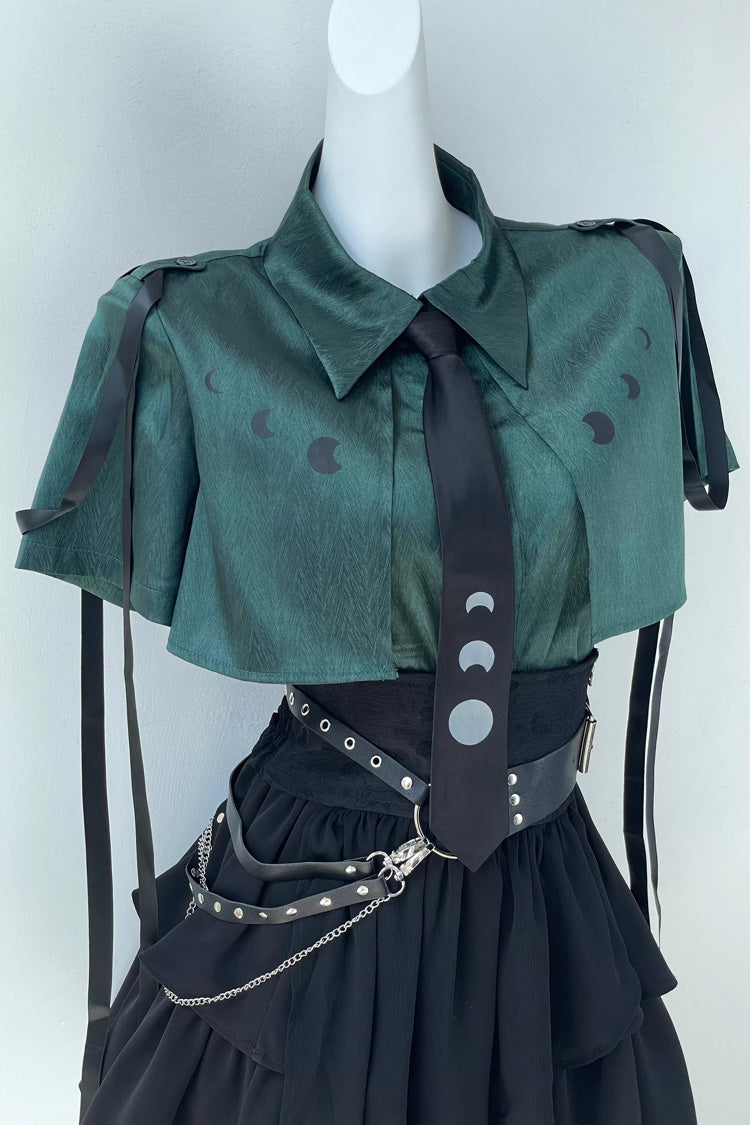 Green/Black [Moonlight Flowing] Long/Short Sleeves Ruffled Asymmetric Gothic Jirai Kei Skirt Set