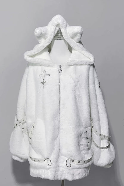 [Night Hunter] Cat Ear Long Sleeves Hooded Zippered Jirai Kei Coat 2 Colors