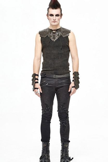 Brown Lace Up Striped Shoulder Armor Shape Chest Knitting Men's Punk Vest