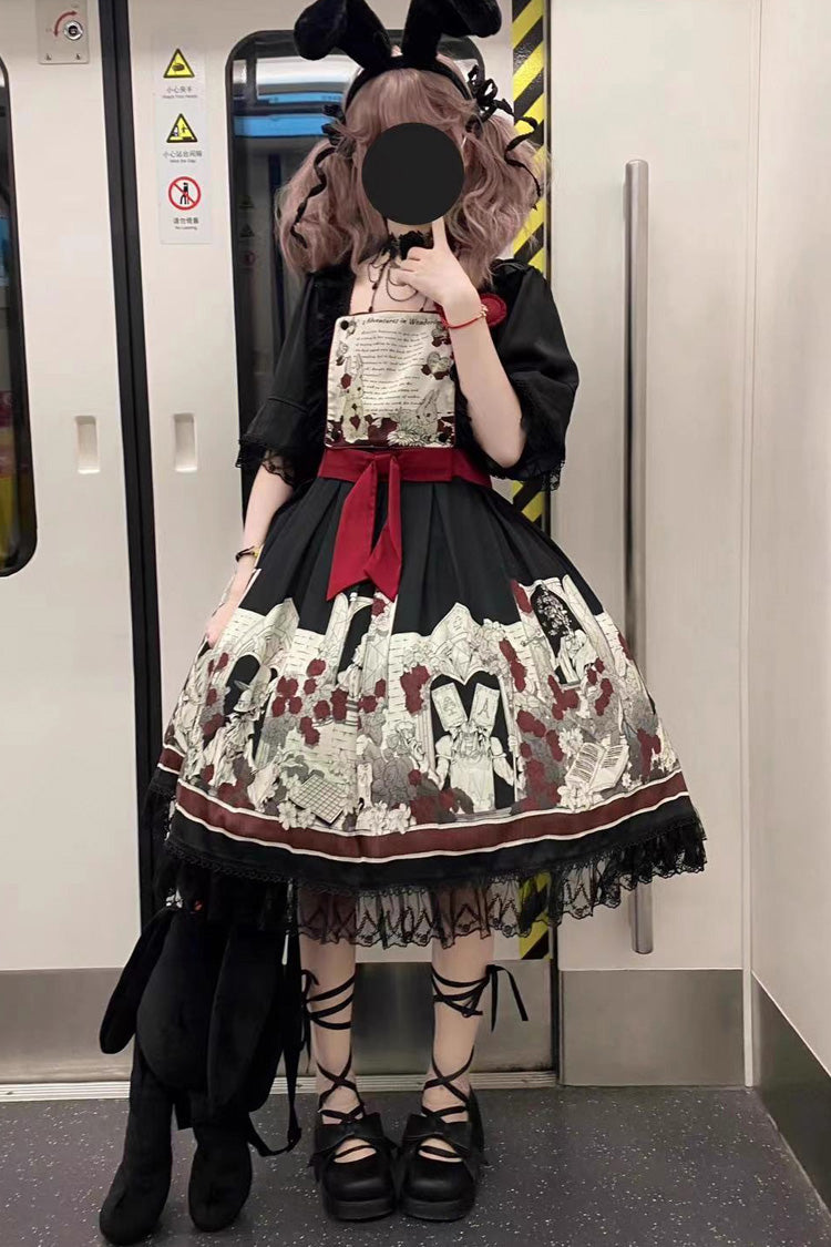 Black [Alice of the Asylum] Print Bowknot Lace Gothic Lolita Dress 2 Versions
