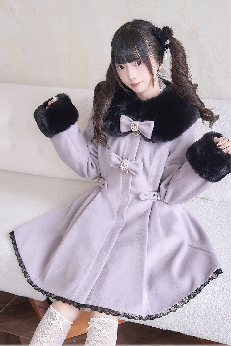 Sweet Plush Collar Waist-cinched Long Sleeves Bowknot Lace Japanese Lolita Coat 4 Colors