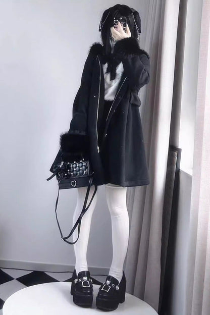Plush Lop Rabbit Long Sleeves Hooded Detachable Sweet Jirai Kei Lolita Coat 2 Colors