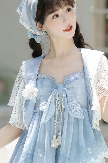 Blue [Clouds Resting in the Wilderness] Print Ruffle Embroidery Bowknot Lace Irregular Lolita Jsk Dress