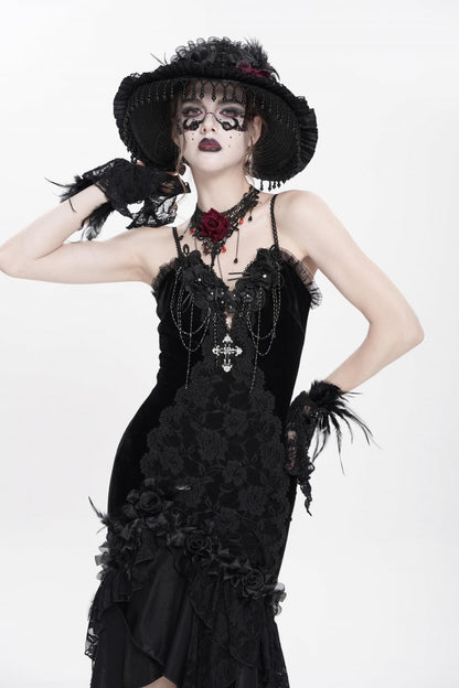 Black Sleeveless Cross Ruffled Floral Embroidered Chain-Decorated Women's Gothic Long Slip Dress