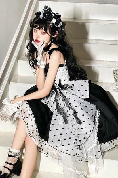 Black [Polka Waltz] Sleeveless Print Bowknot Stitching Lace Gothic Lolita Jsk Dress