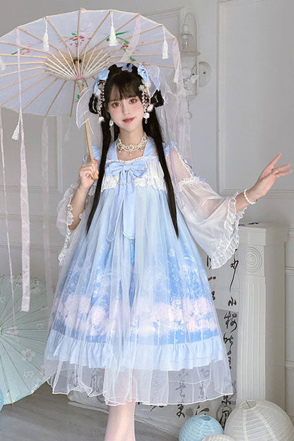 Blue Marine Jellyfish Print Bowknot Long Sleeves Ruffled Chinese Style Sweet Lolita Dress