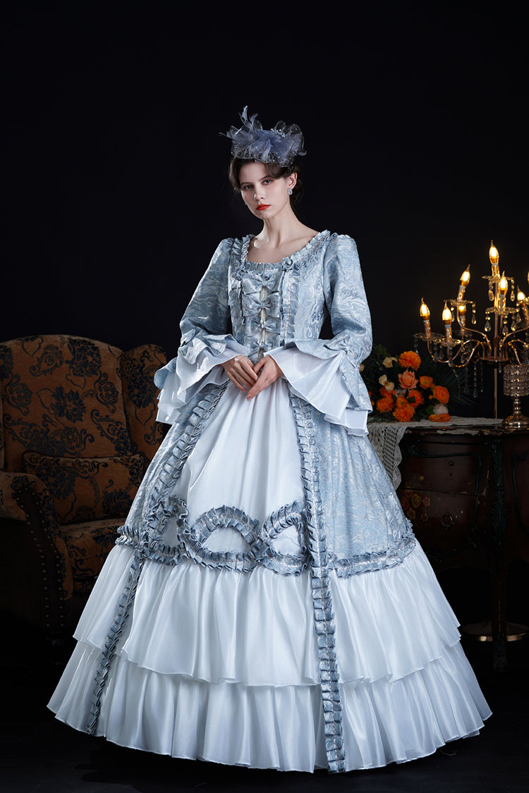 Blue Long Trumpet Sleeves Jacquard Ruffle Bowknot Princess Lolita Victorian Dress