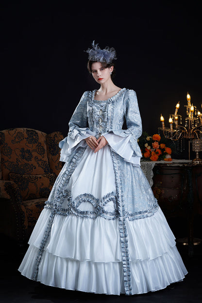 Blue Long Trumpet Sleeves Jacquard Ruffle Bowknot Princess Lolita Victorian Dress