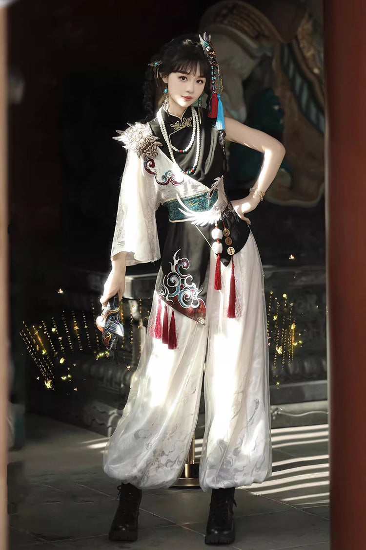 Black/White Stand Collar Single Long Sleeve Printed Embroidered Asymmetric Chinese Style Ouji Set