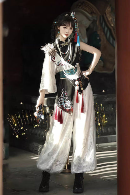 Black/White Stand Collar Single Long Sleeve Printed Embroidered Asymmetric Chinese Style Ouji Set